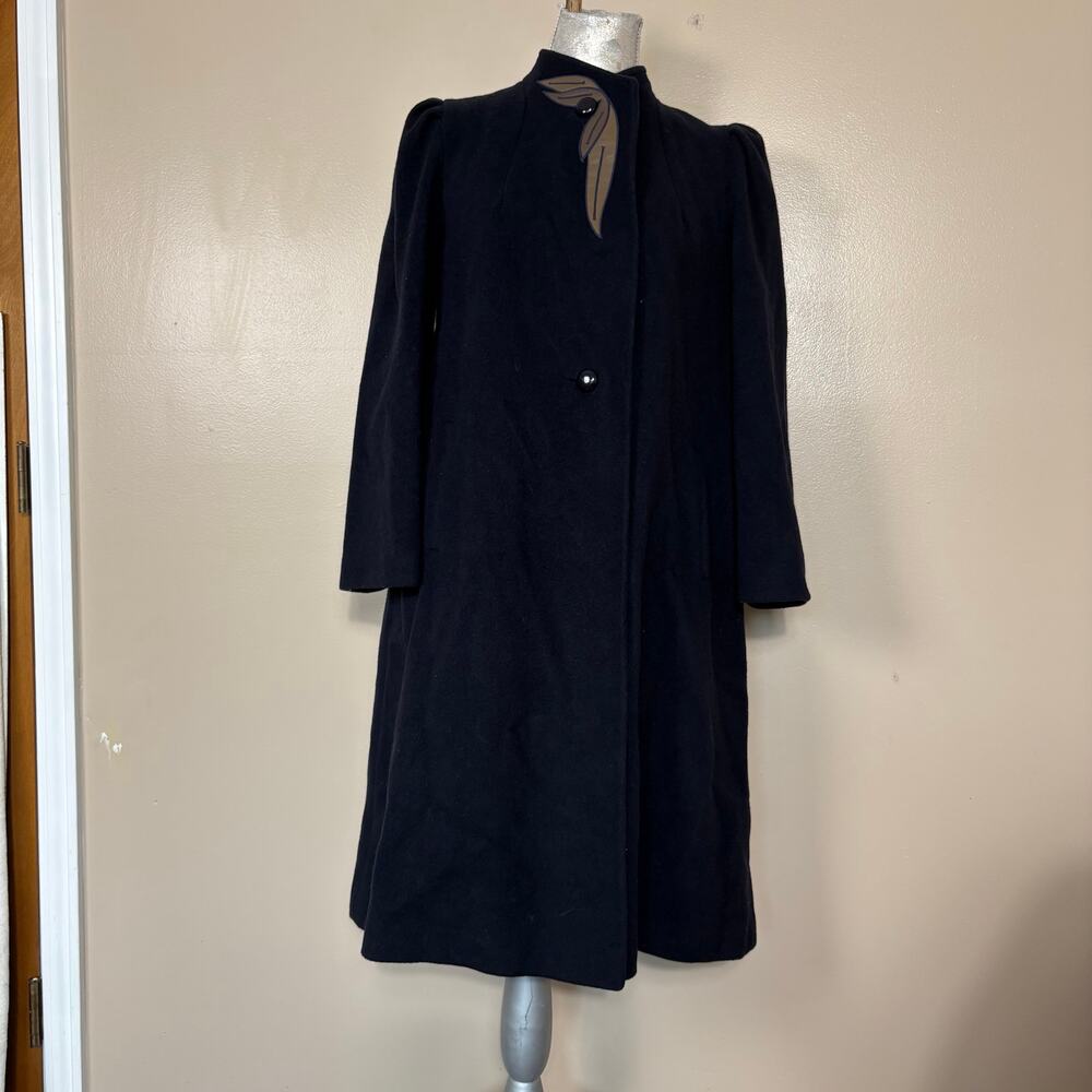 Women's Vintage Navy Wool Coat Long Minimalist Stand Collar Winter Overcoat